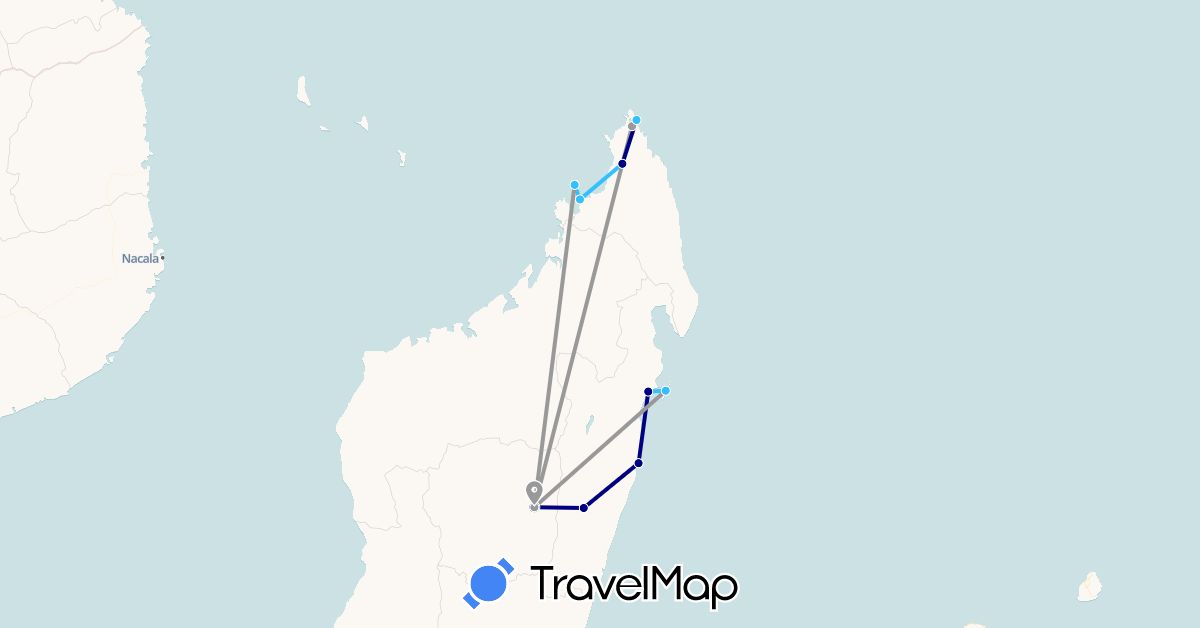 TravelMap itinerary: driving, plane, boat in Madagascar (Africa)